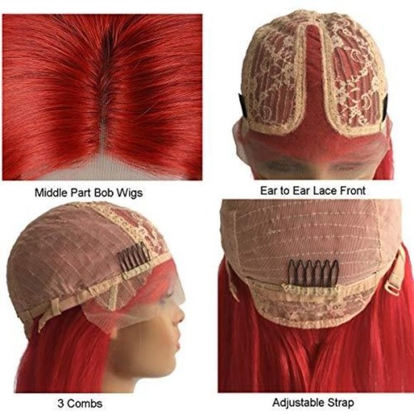 13x4x1 Red Straight Short Bob Human Hair Lace Front Wigs - Picture 2 of 6